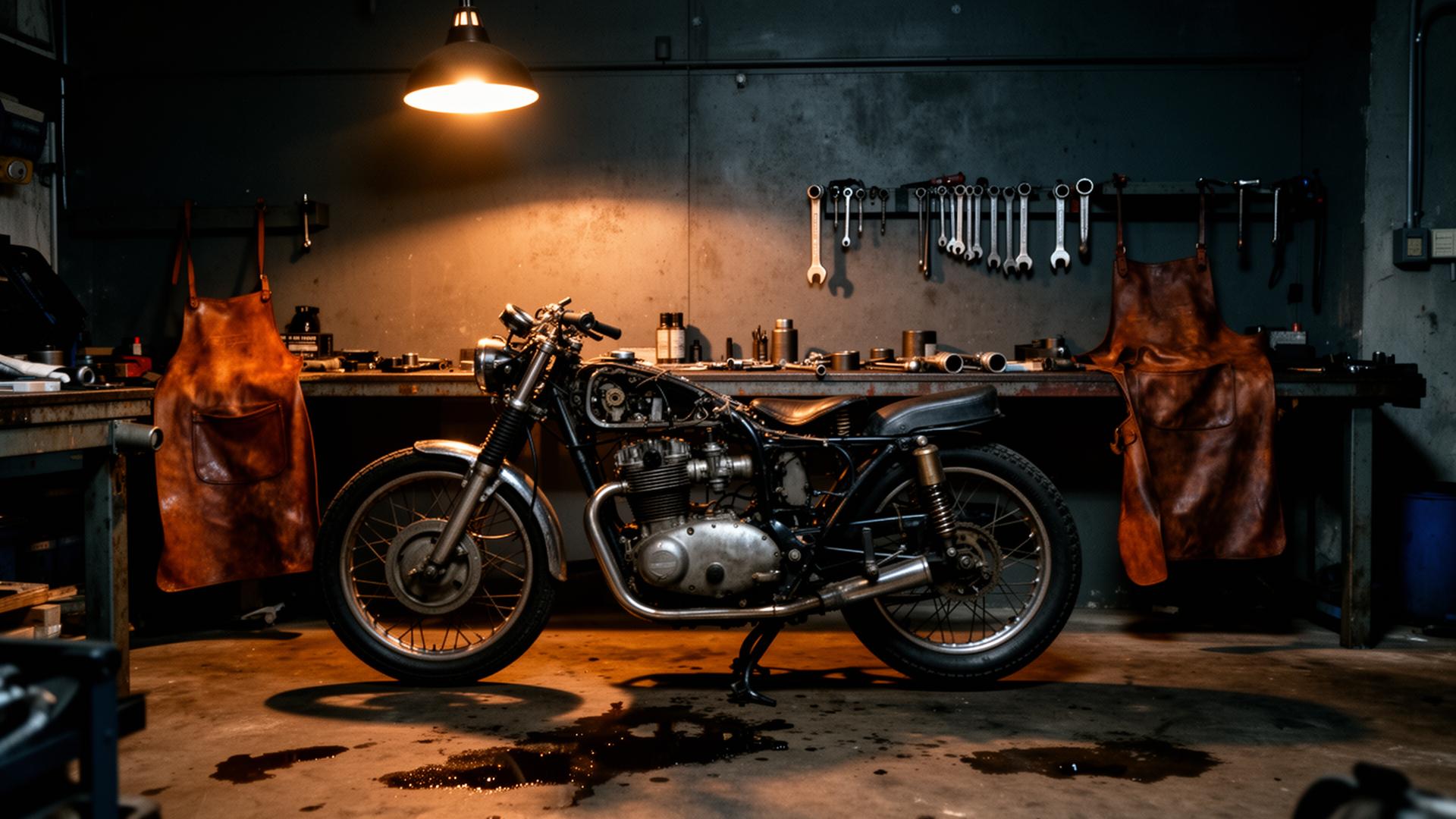 Moto en cours d'entretien dans un garage