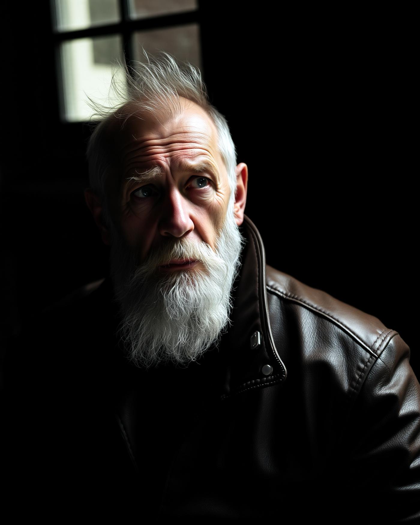Portrait d'un mécanicien moto à la barbe blanche