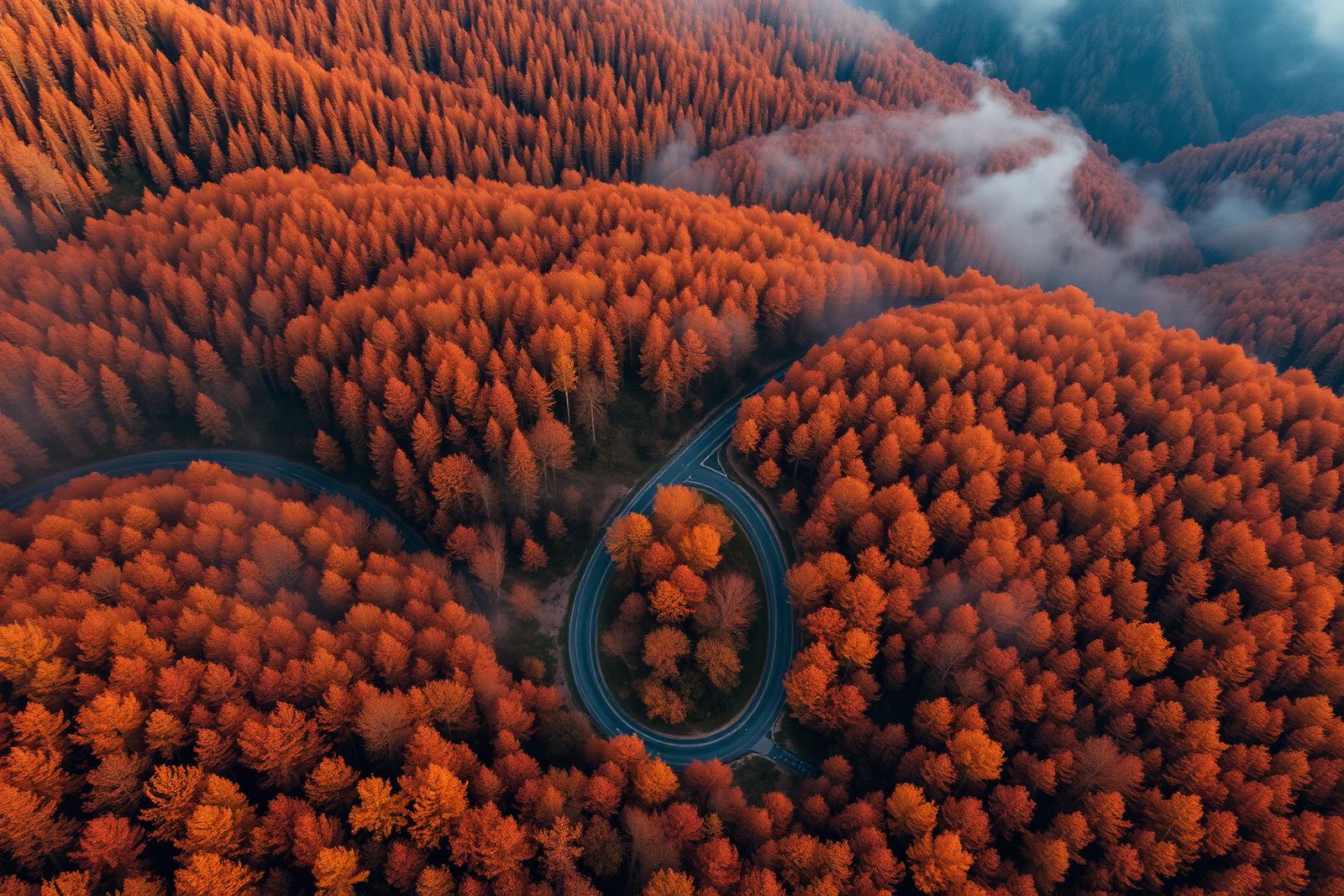 Vue aérienne d'une route forestière sinueuse en automne