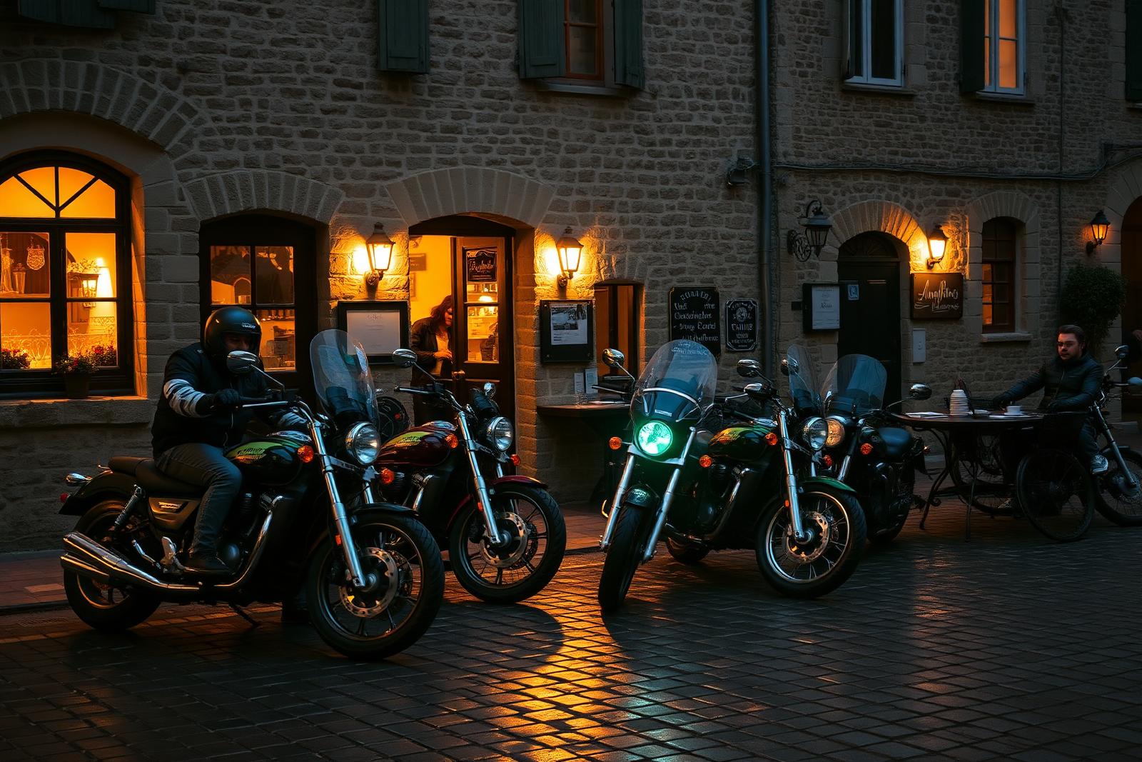 Terrasse de café avec motos garées au bord de la Moselle